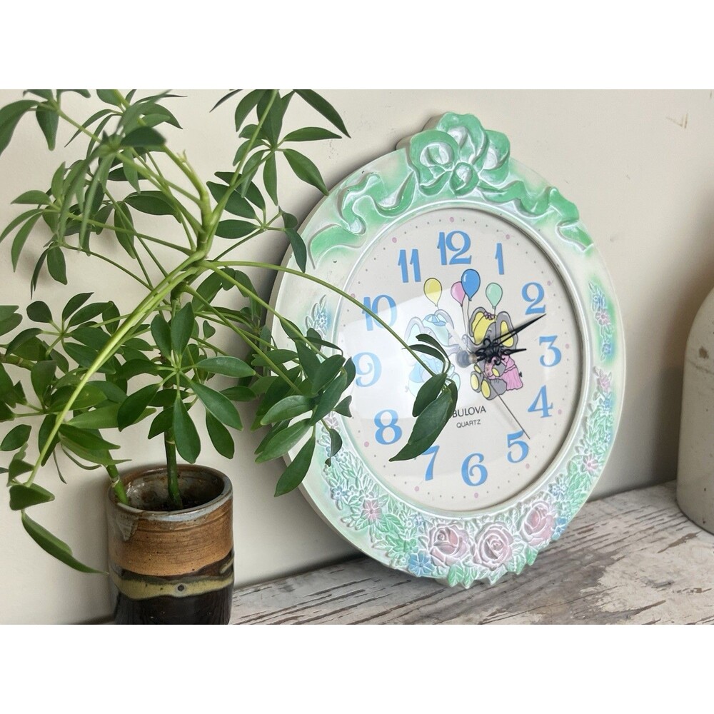 Vintage Bulova Quartz Child’s Wall Clock Baby Elephants Rare Taiwan 13” Nursery